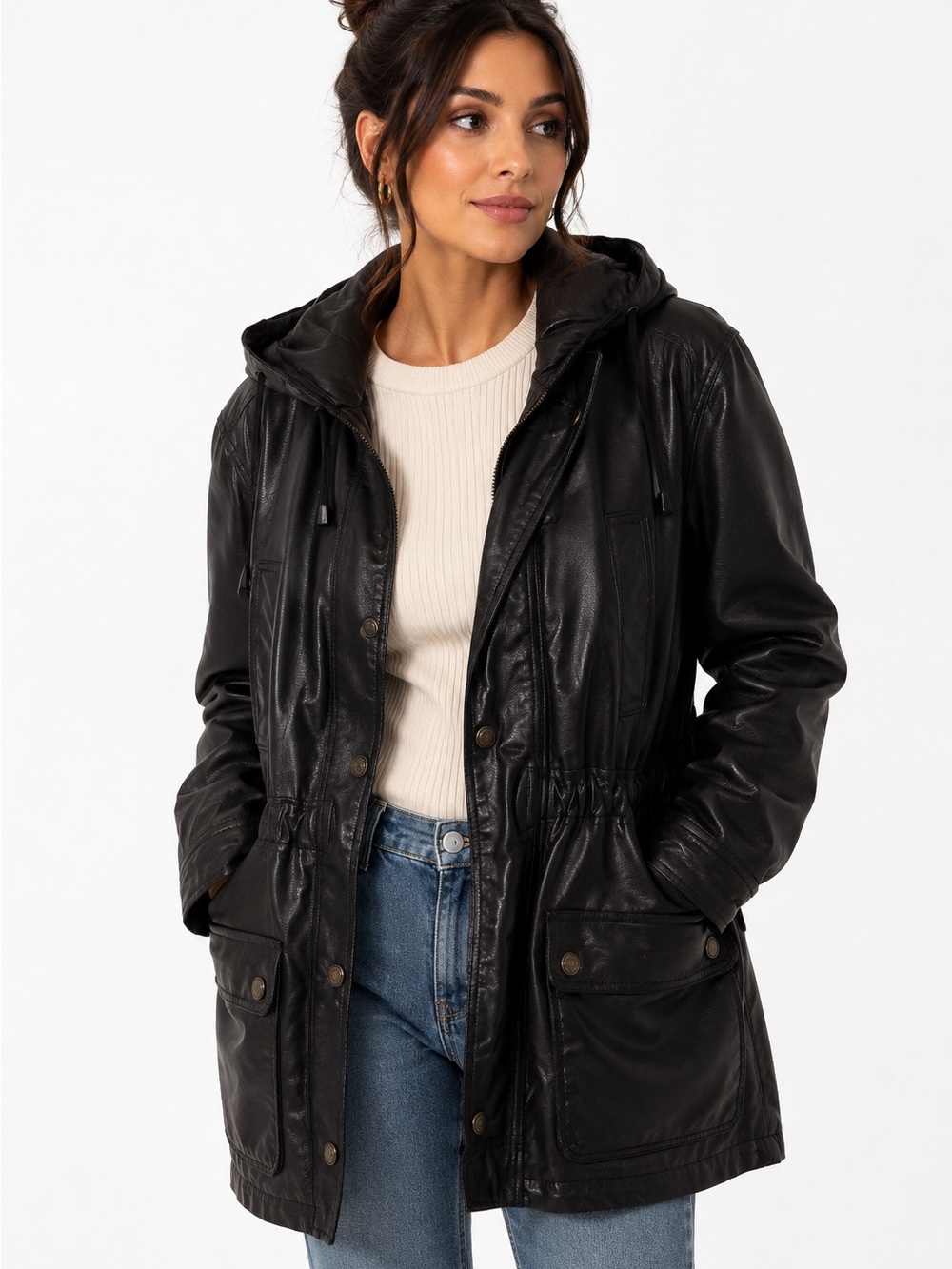 Excelled Genuine Leather Hooded Parka Jacket Black Women’s S